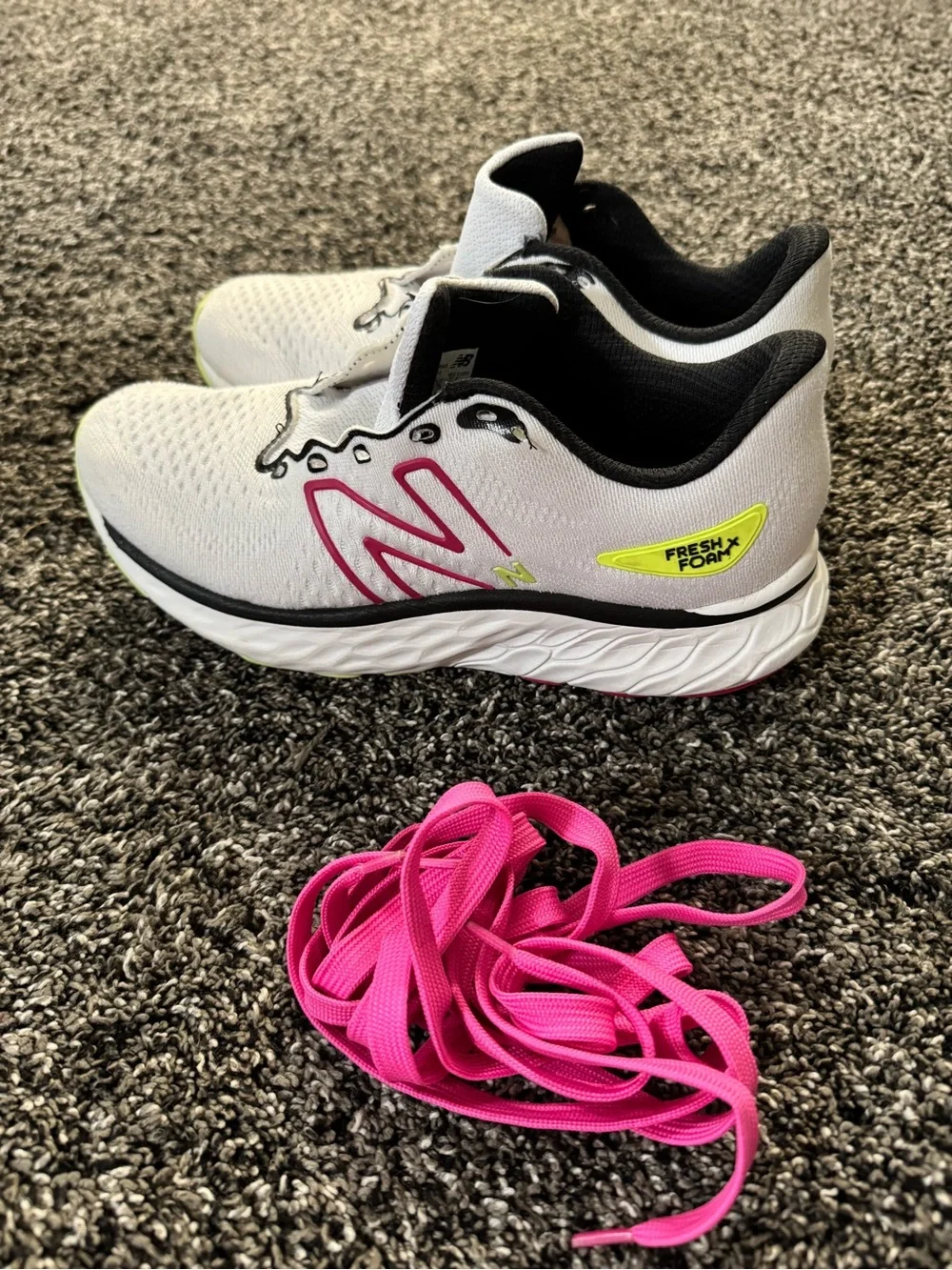 New Balance White Running Shoes with Pink Accents and Lime Highlights